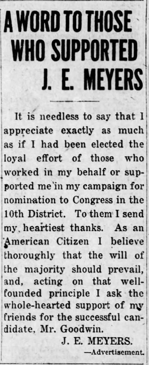 Print advertisement for J. Edward Meyers' 1926 CD 10 primary election campaign