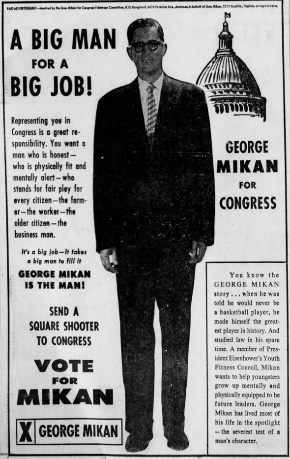 Print advertisement for George Mikan's 1956 CD 03 general election campaign.