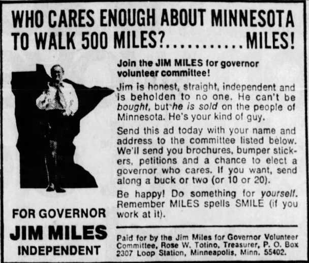 Print advertisement for Jim Miles' 1974 independent campaign for governor