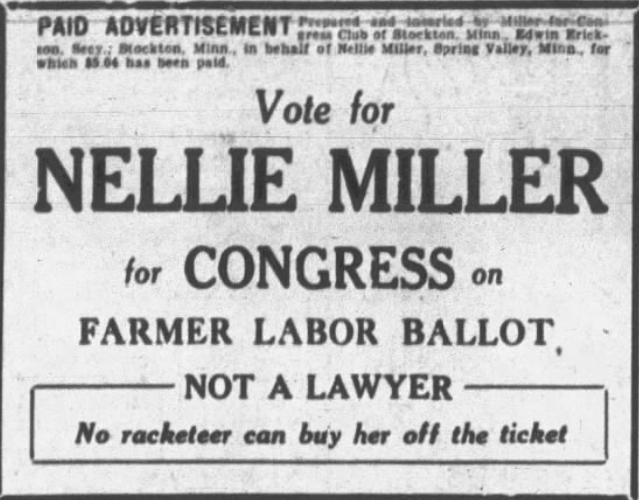 Print advertisement of Nellie Miller's 1934 CD 01 Farmer-Labor primary campaign