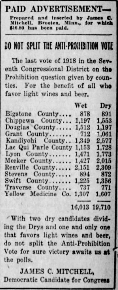 Print advertisement for James C. Mitchell's 1920 CD 07 general election campaign
