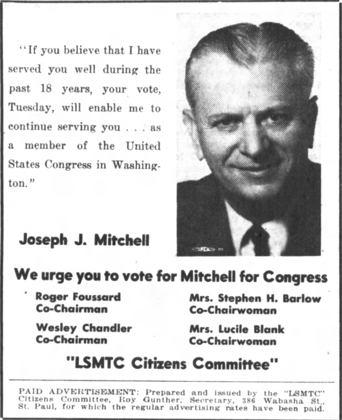 Print advertisement for Joseph J. Mitchell's 1960 CD 04 general election campaign