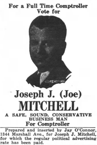 Print advertisement for Joseph J. Mitchell's 1942 St. Paul Comptroller primary election campaign