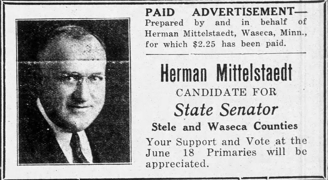 Print advertisement for Herman Mittelstaedt's 1934 SD 16 primary election campaign