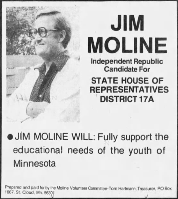 Print advertisement for Jim Moline's 1980 HD 17A primary election campaign