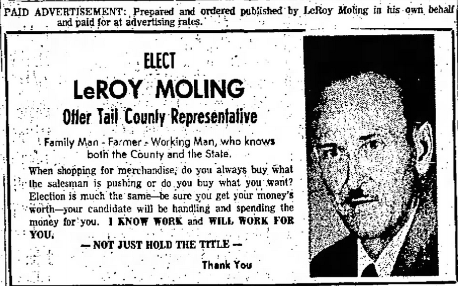 Print advertisement for LeRoy Moling's 1966 HD 55 primary election campaign