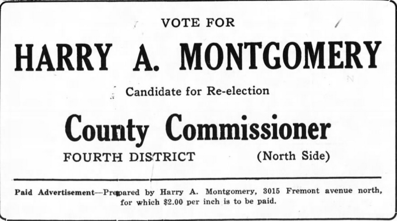 Print advertisement for Harry A. Montgomery's 1922 Hennepin County Commissioner (4th District) primary election campaign