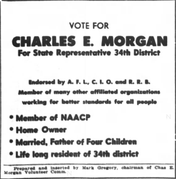 Print advertisement for Charles E. Morgan's 1950 HD 34 primary election campaign
