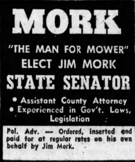 Print advertisement for Jim Mork's 1966 SD 05 primary election campaign