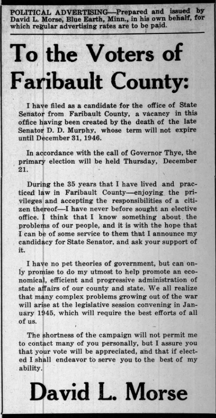 Print advertisement for David L. Morse's 1944 SD 07 special election campaign