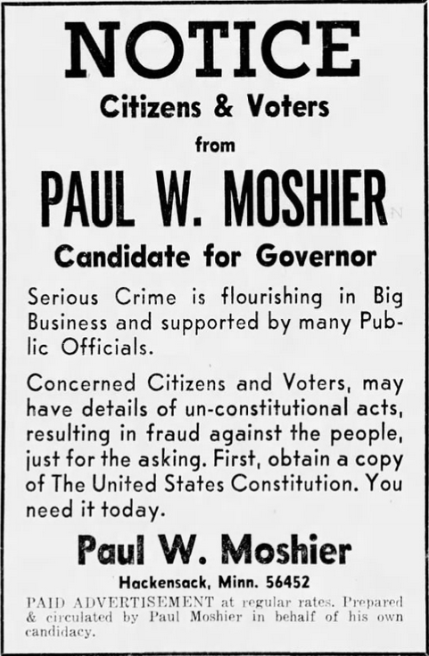 Print advertisement for Paul Moshier's 1970 gubernatorial Republican primary campaign