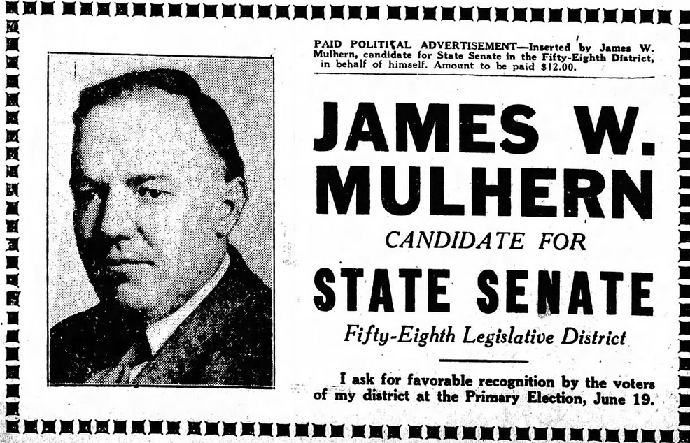 Print advertisement for James Mulhern's 1922 SD 58 primary election campaign