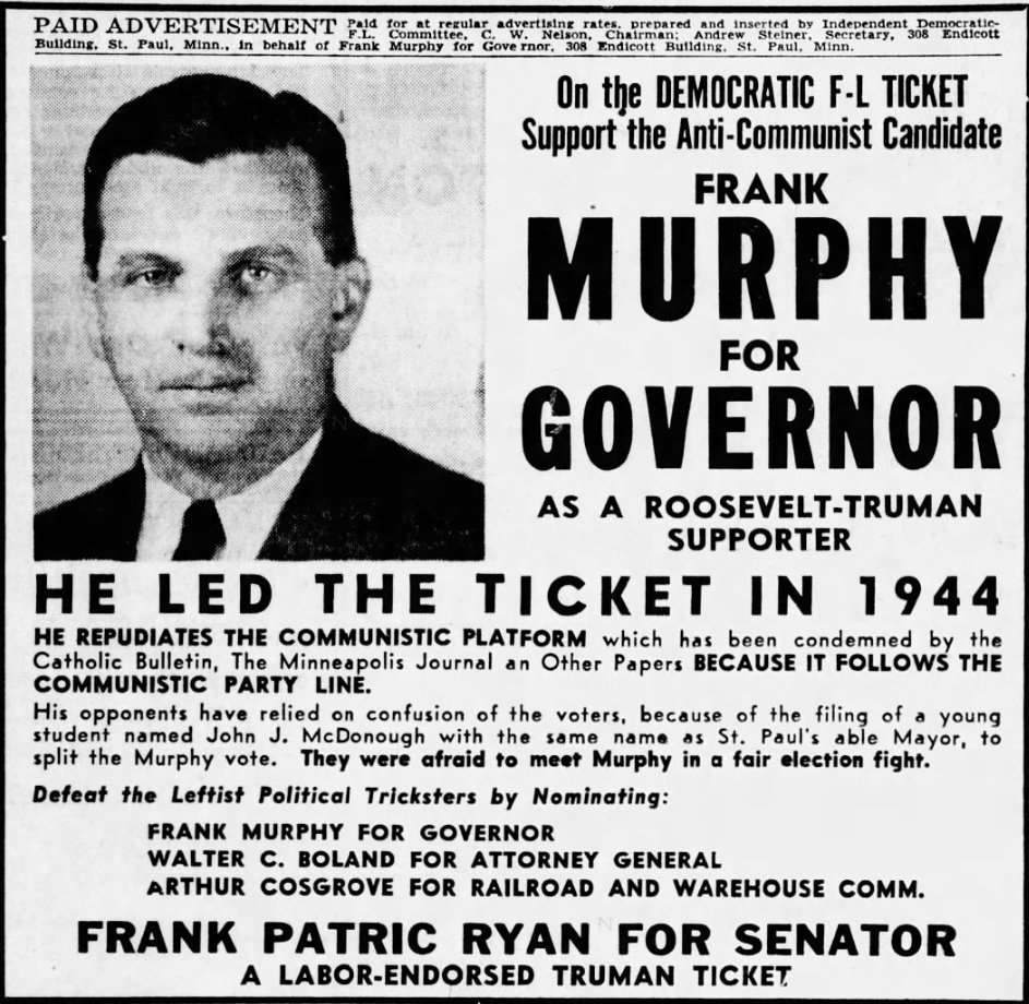 Print advertisement for Francis L. Murphy's 1946 DFL gubernatorial primary campaign