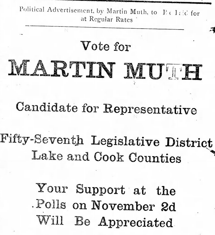 Print advertisement for Martin Muth's 1920 HD 57 general election campaign