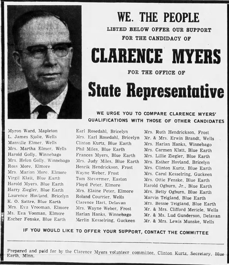 Print advertisement for Clarence Myers' 1970 HD 10A primary election campaign