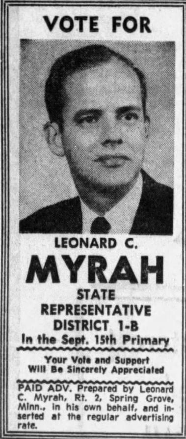 Print advertisement for Leonard C. Myrah's 1970 HD 01B primary election campaign