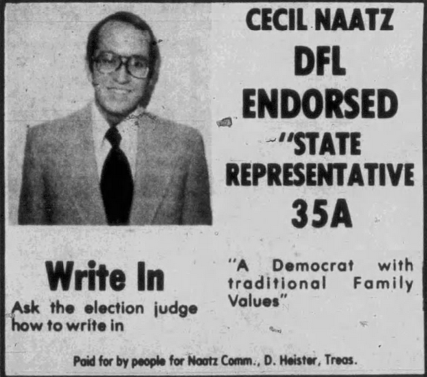 Print advertisement for Cecil Naatz's 1978 HD 35A general election campaign
