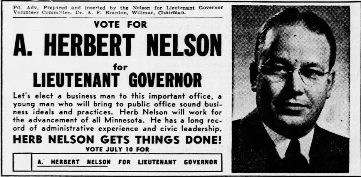 Print advertisement for A. Herbert Nelson's 1944 Lieutenant Governor Republican primary campaign