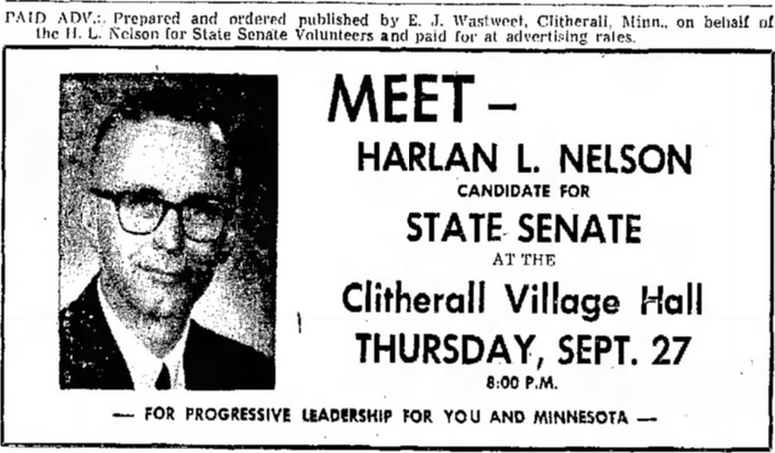 Print advertisement for Harlan L. Nelson's 1962 SD 55 general election campaign