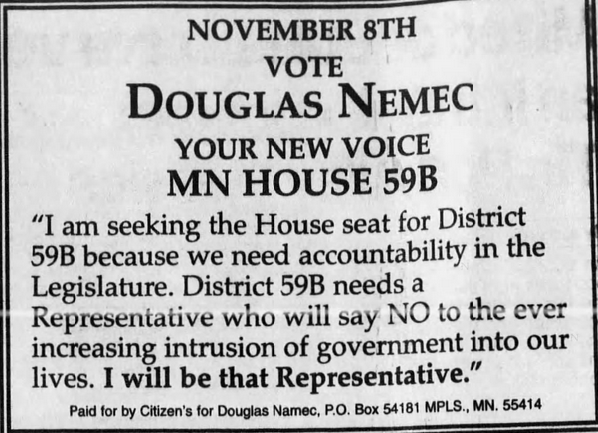 Print advertisement for Douglas Nemec's 1994 HD 59B general election campaign
