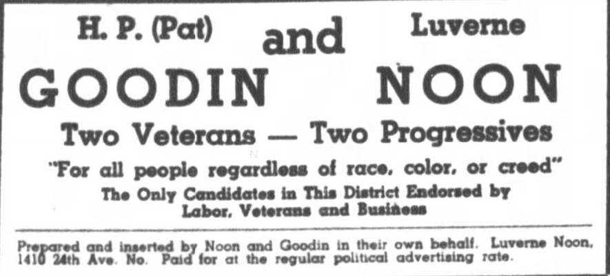 Print advertisement for Luverne Noon's 1946 HD 35 general election campaign.