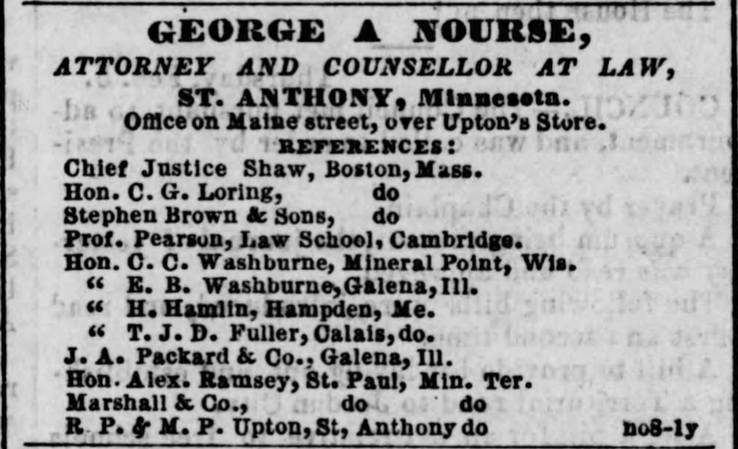 Print advertisement for George Nourse's law practice.
