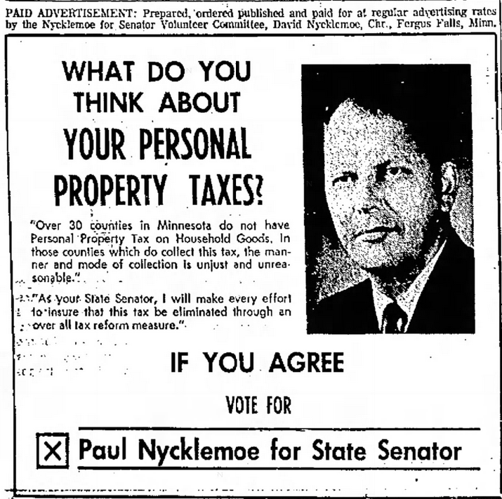 Print advertisement for Paul Nycklemoe's 1966 SD 55 general election campagin