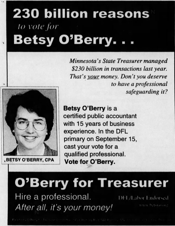 Print advertisement for Betsy O'Berry's 1998 Treasurer DFL primary campaign