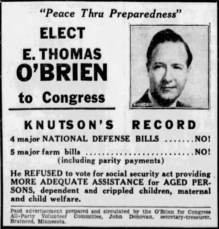 Print advertisement for E. Thomas O'Brien's 1940 CD 06 general election campaign