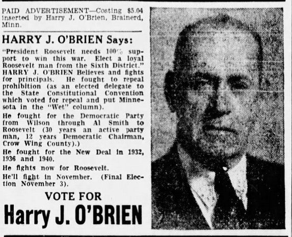 Print advertisement for Harry J. O'Brien's 1942 CD 06 Democratic primary campaign