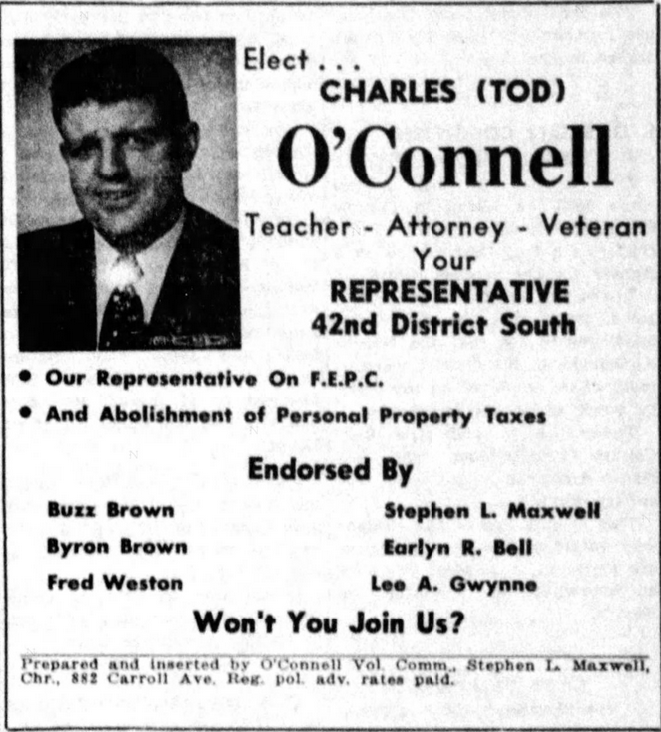 Print advertisement for Charles O'Connell's 1954 HD 42 general election campaign