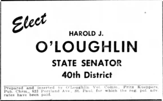Print advertisement for Harold O'Loughlin's 1954 SD 40 primary election campaign.
