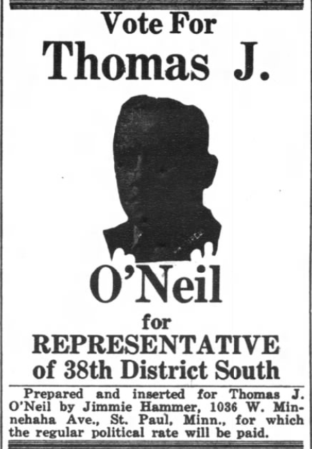 Print advertisement for Thomas J. O'Neil's 1940 HD 38 general election campaign