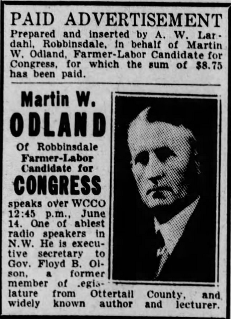 Print advertisement for Martin W. Odland's 1932 At-Large U.S. House Farmer-Labor primary campaign