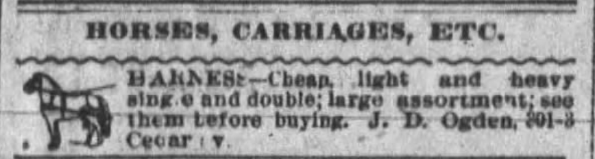 Print advertisement for James D. Ogden's harness making business