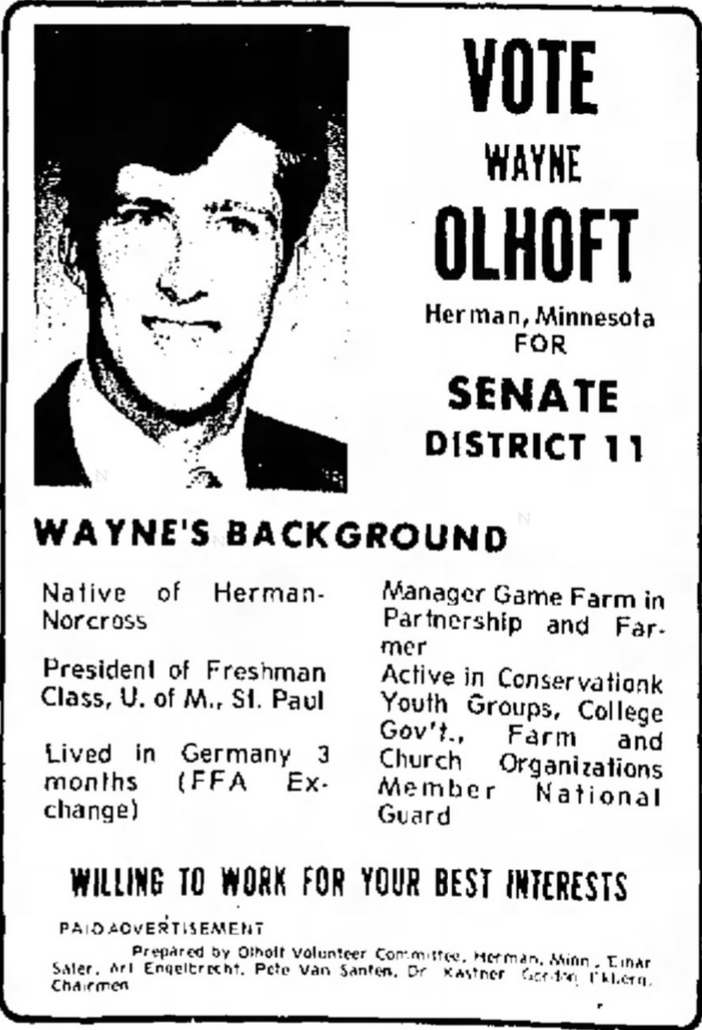 Print advertisement for Wayne Olhoft's 1972 SD 11 general election campaign