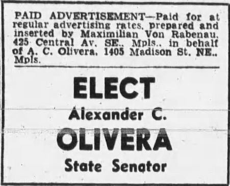 Print advertisement for Alexander C. Olivera's 1946 SD 29 general election campaign