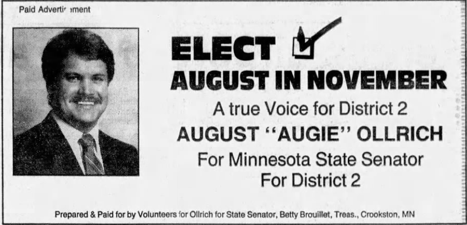 Print advertisement for August Ollrich's 1990 SD 02 general election campaign