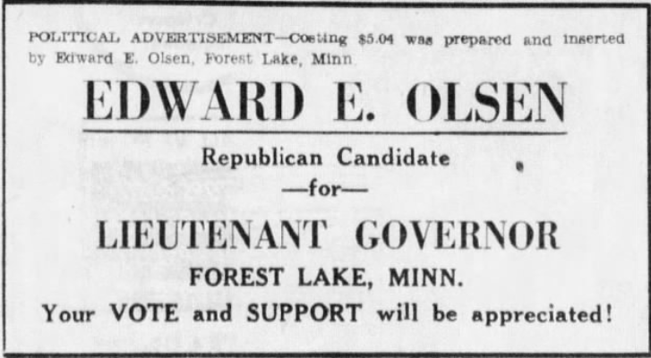 Print advertisement for Edward E. Olsen's 1954 Republican Lieutenant Gubernatorial primary campaign