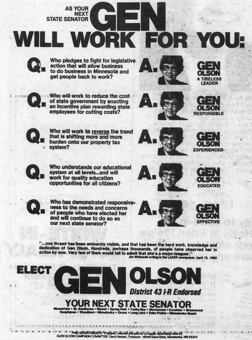 Print advertisement for Gen Olson's 1982 SD 43 general election campaign