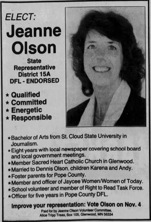 Print advertisement for Jeanne Olson's 1986 HD 15A general election campaign