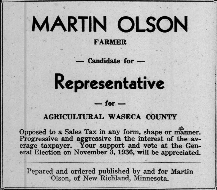 Print advertisement for Martin O. Olson's 1936 HD 16 general election campaign