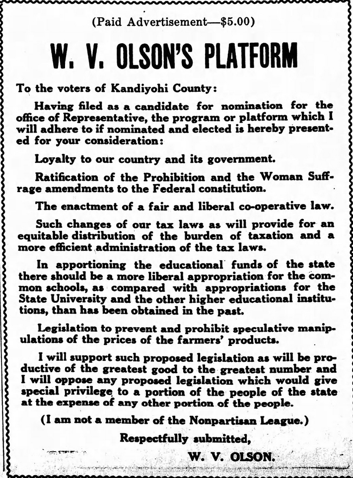 Print advertisement for Walter Olson's 1918 HD 25 primary election campaign