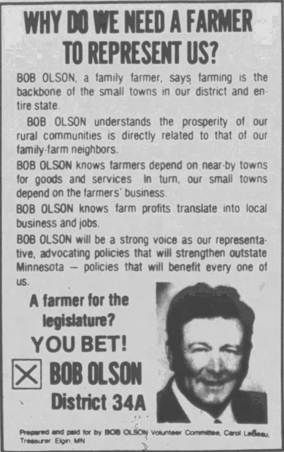Print advertisement for Bob Olson's 1980 HD 34A general election campaign