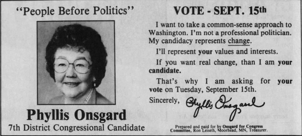 Print advertisement for Phyllis Onsgard's 1992 CD 07 Independent-Republican primary campaign