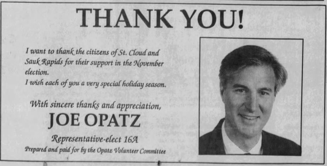 Print advertisement for Joe Opatz's 1992 HD 16A general election campaign