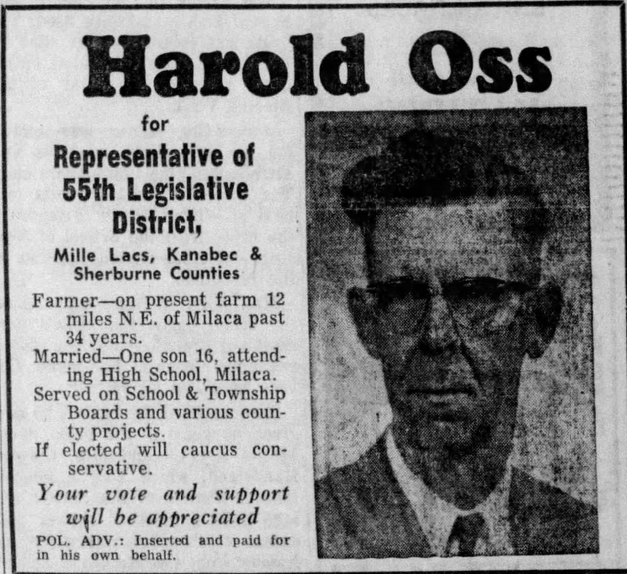 Print advertisement for Harold Oss' 1956 HD 55 primary election campaign