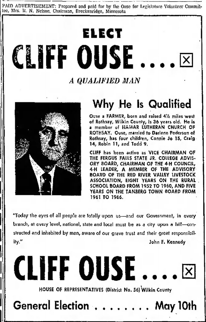 Print advertisement for Cliff Ouse's 1966 HD 56B special election campaign