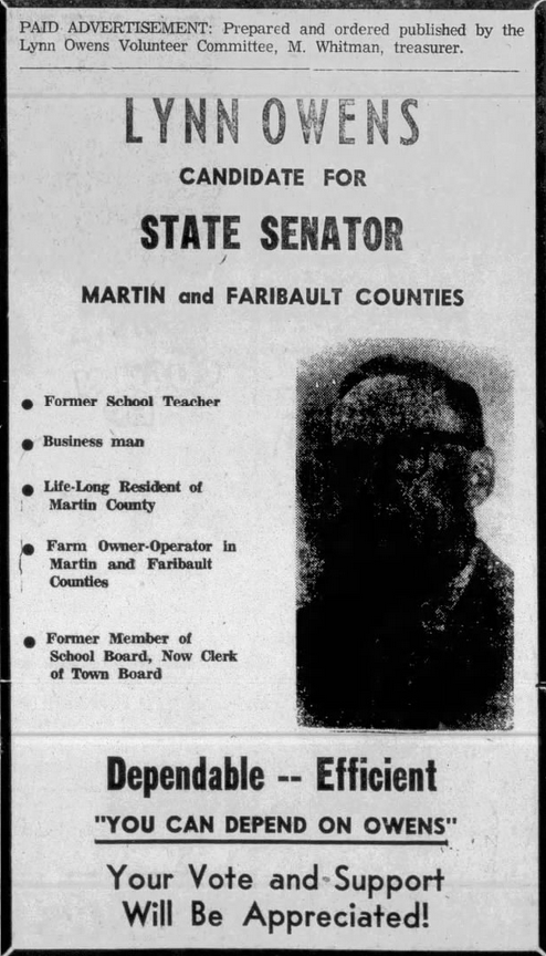 Print advertisement for Lynn Owens' 1962 SD 10 general election campaign