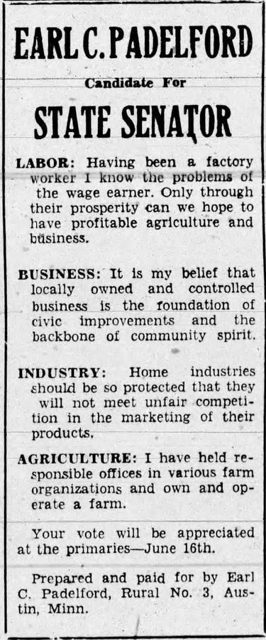 Print advertisement for Earl C. Padelford's 1930 SD 05 primary election campaign